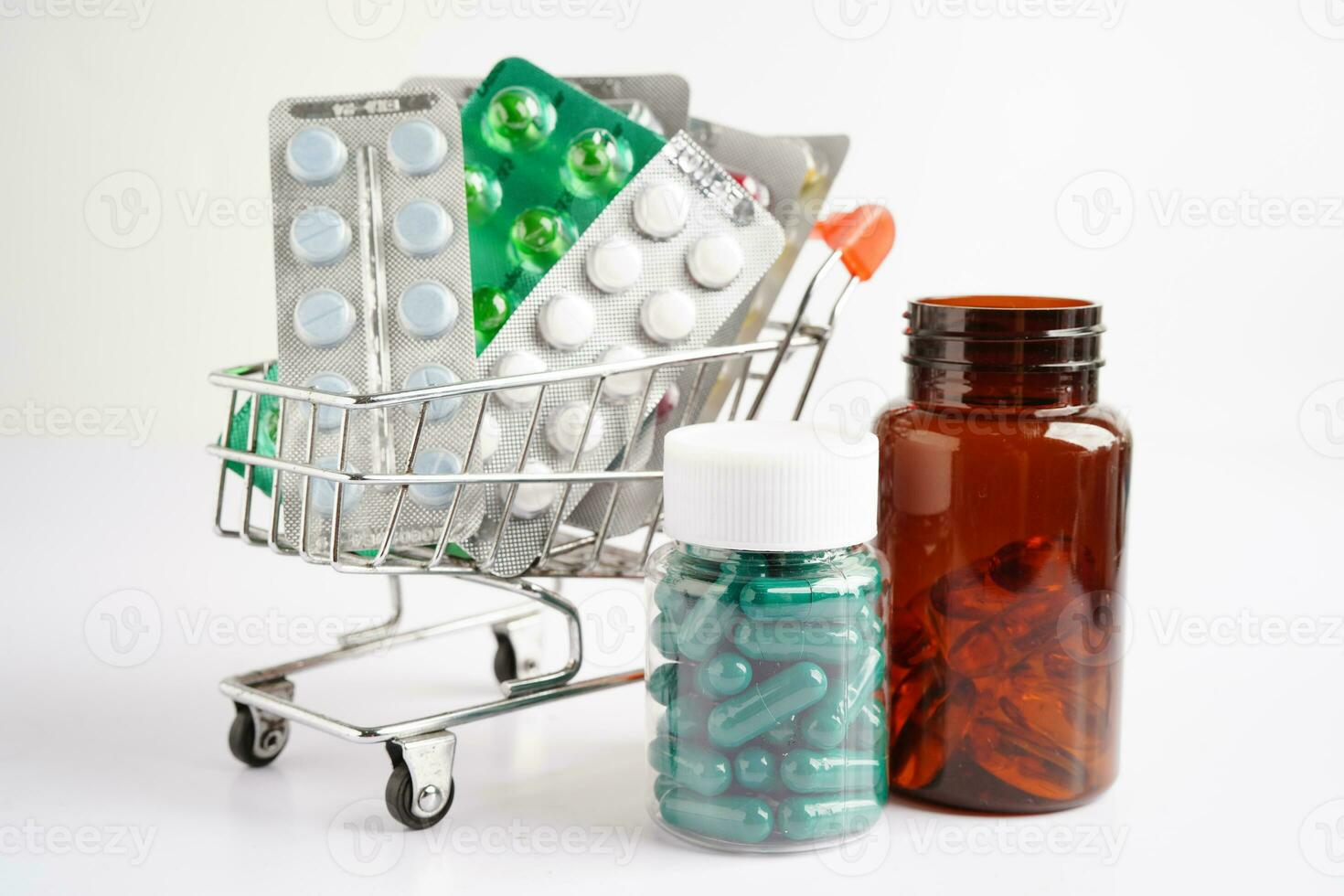 shopping trolley with blister pill and capsule from drug prescription pharmacy for treatment health medicine photo (2)